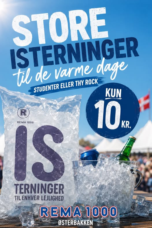 Rema 1000 Rosenkrantzgade sælger 2 kg isterninger til 10 kr.