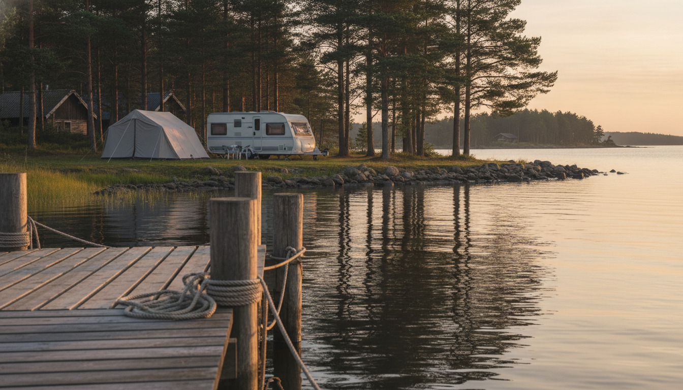 Træudgrav med fortøjningsreb ved stilkt sø, morgenlys reflekteres på vandet.
