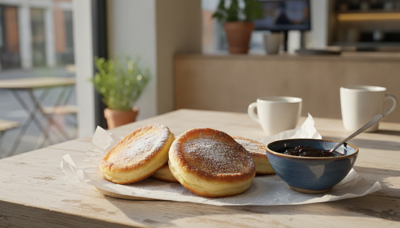 Nystegt pandekager med flormelis og marmelade på tallerken ved kaffekop i naturligt lys.