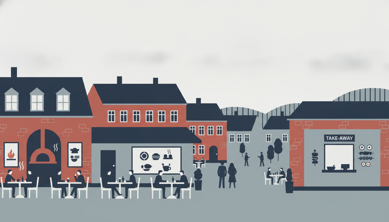 Tønders livlige restaurantgade med pizzeria med rundovn, café med udeservering, og take-away-skranke. Historiske huse med spidstage og mennesker i gadebilledet.