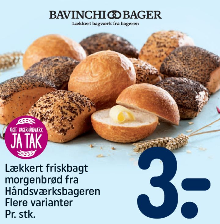 Rema 1000 Hadsund tilbyder friskbagt morgenbrød fra Bavinchi bager til 3 kr