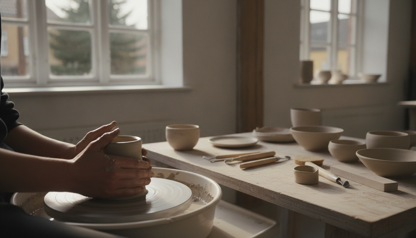 Hænder former ler på pottemakerskive i naturligt lys med keramik og værktøjer på træbord.
