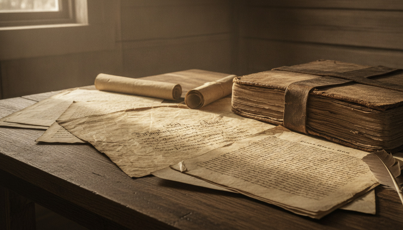 Gamle håndskrevne dokumenter og læderbound arkiver på træbord i sepia-tone lys.