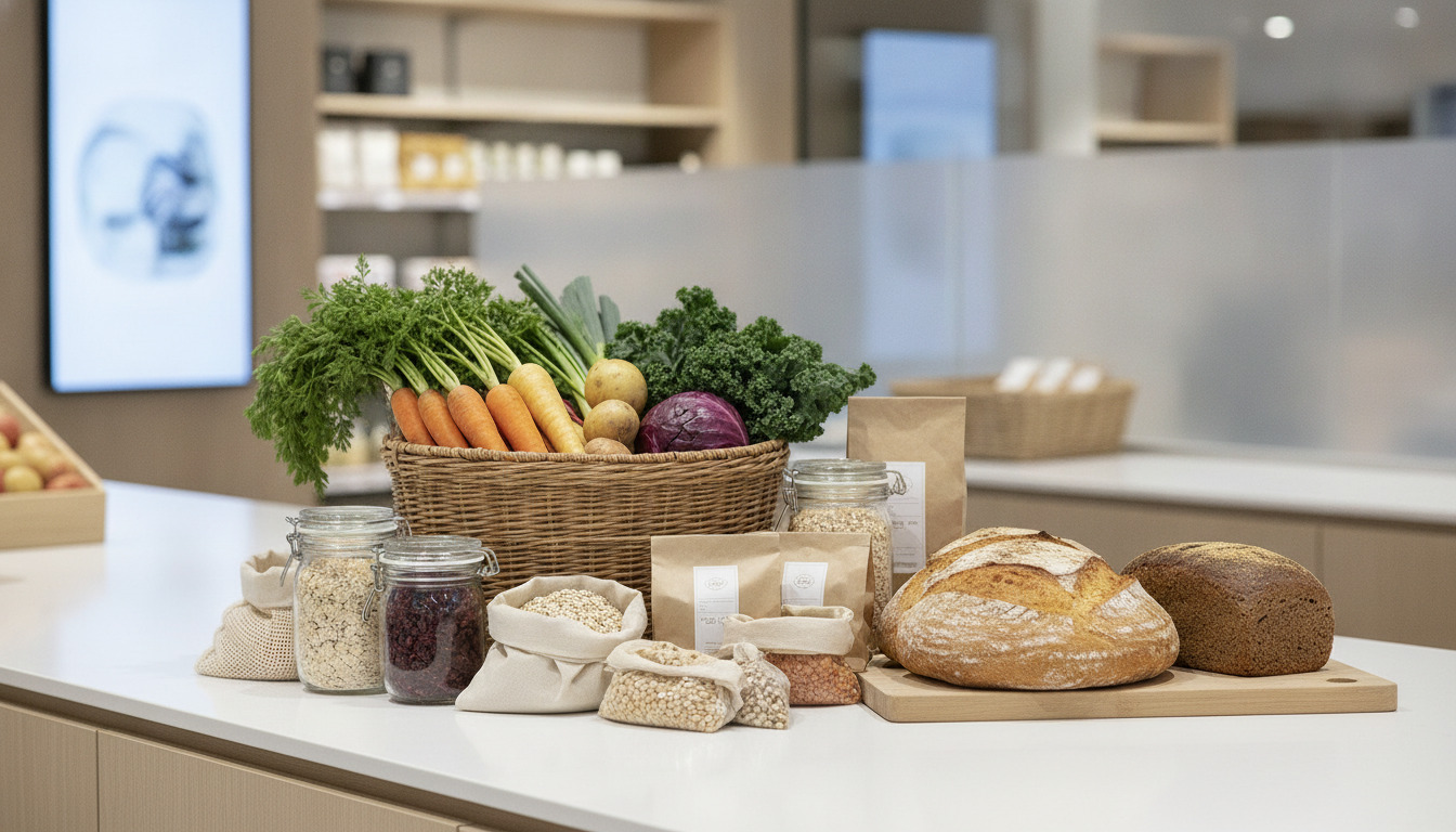 Tæt optagelse af friske grøntsager i kurv, brød, kerner og varer på hvidt bord.