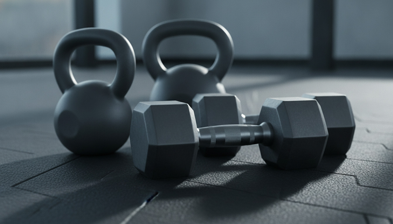 Tætbillede af håndvægte og kettlebells på gummimåtte i fitnessmiljø med nordisk dagslys.