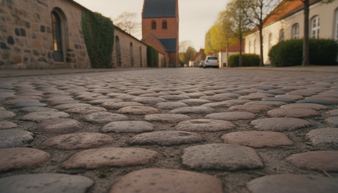Nærbillede af slidte, rundslidt brosten på en historisk gade med gamle stengebygninger og kirketårn ude af fokus i baggrunden.