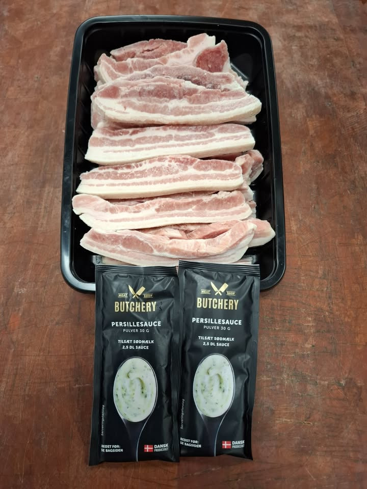 Meny Klarup tilbyder flæsk i skiver og persillesovs til reduceret pris