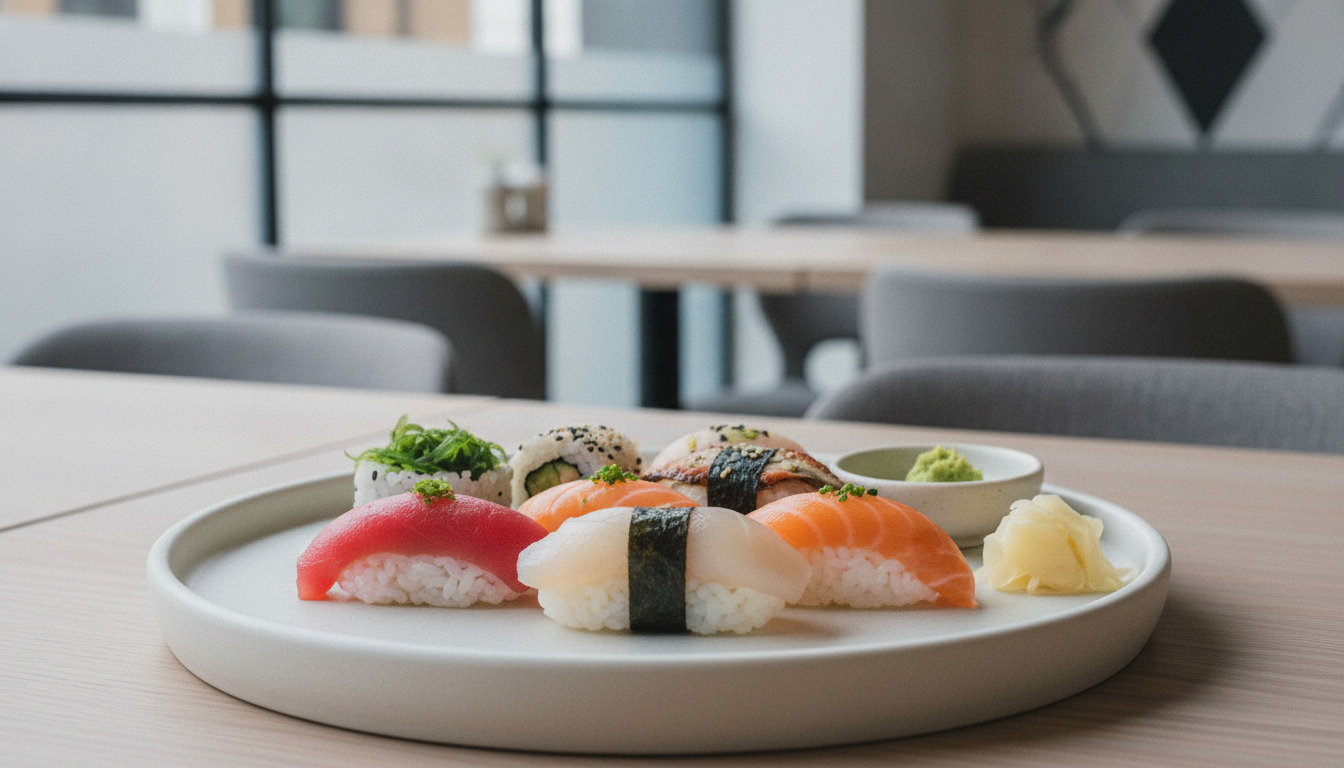 Tætpakket sushiudvalg på minimalistisk hvid keramikplade med frisk fisk, ris og tang.