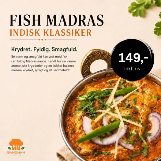 Bandhan Viborg tilbyder Fish Madras med ris til 149 kr.