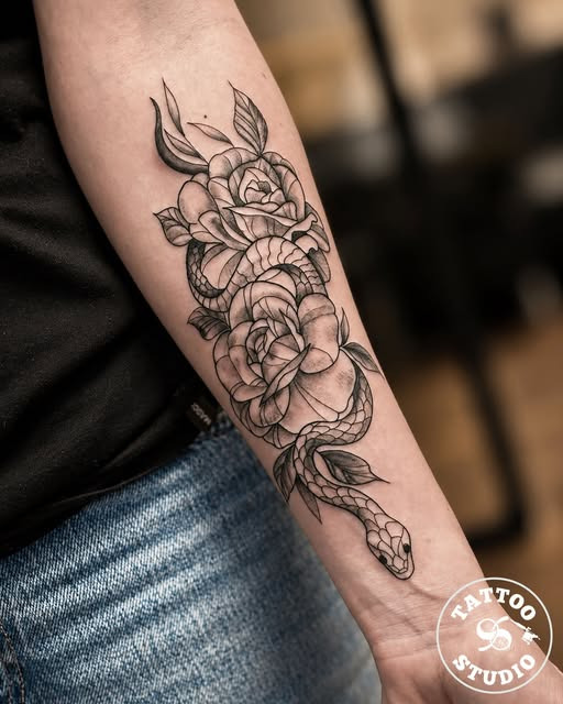 Tattoo Studio 96 viser Behzads tattoo-design med roser og slange