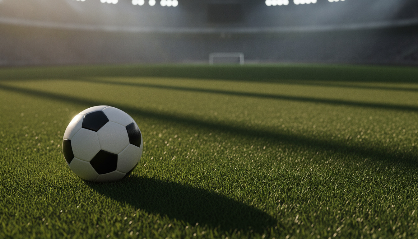 Fodbold på græs med flødlys-skygger – generisk stadion-sceneri.