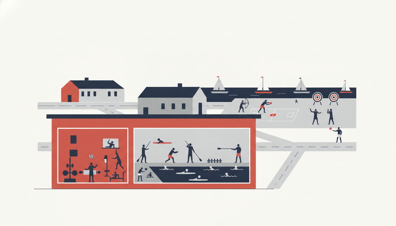 Levende fladvektor-illustration af Ærøskøbing sportsfacilitet viser en indendørs hal med fitnessudstyg, svømmebassininområde, udendørsaktiviteter herunder sejlbåde, bueskydningsmål og forskellige atleter engageret i diverse sportsgrene fra håndbold til padleboarding.