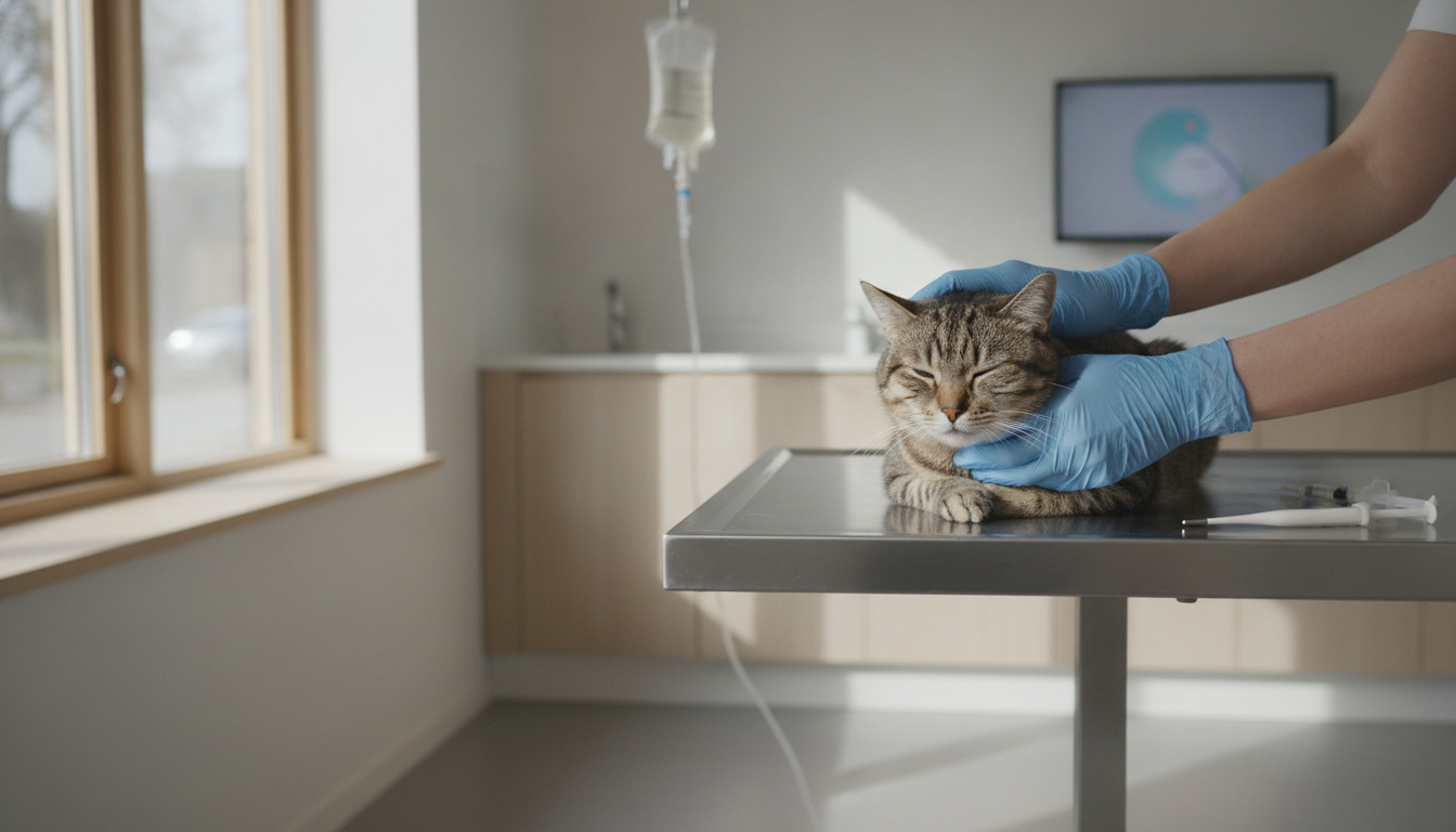 Veterinær med blå handsker undersøger en kat på stålbord under professionel behandling.