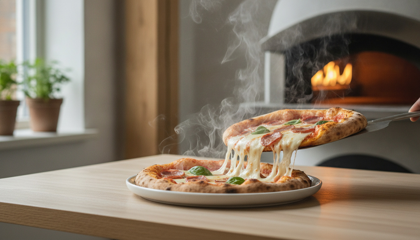 Nærbillede af frisk, varmt pizza med smeltende ost og toppings på pizzapel.
