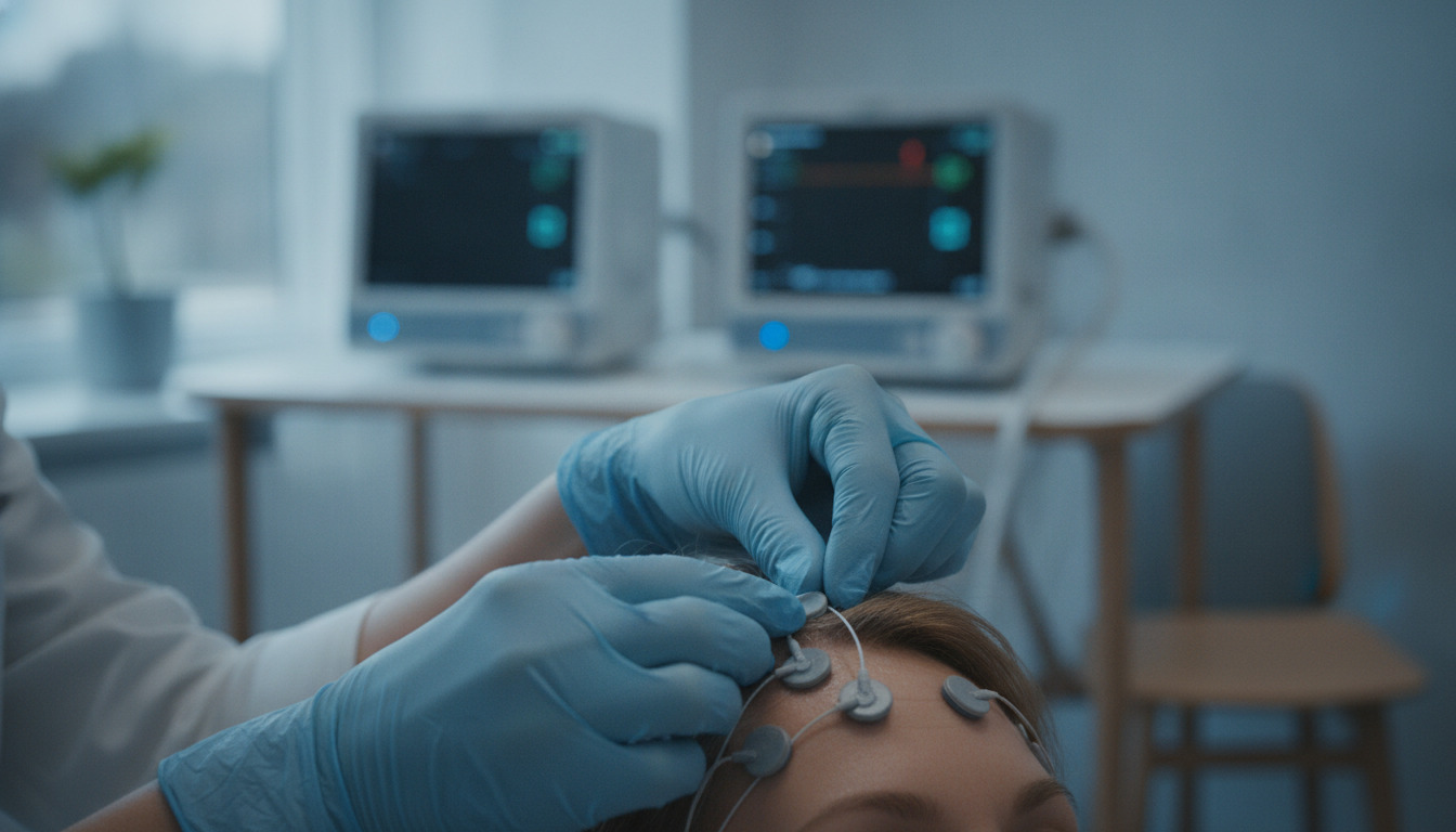 Lægehænder i blå handsker justerer EEG-elektroder på en patients hoved under medicinsk behandling.