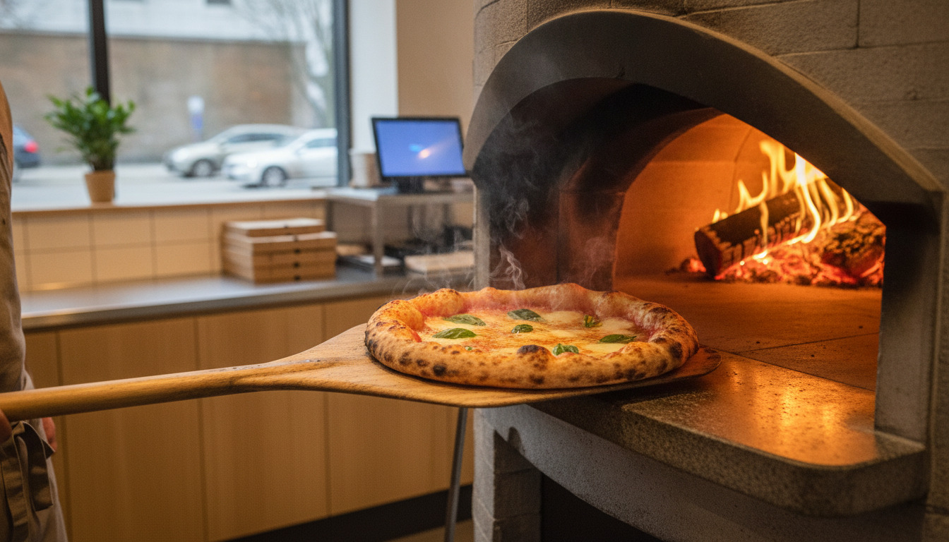 Friskbagt pizza på træpinne foran glødende træovn med flammer og meltet ost med basilikum.
