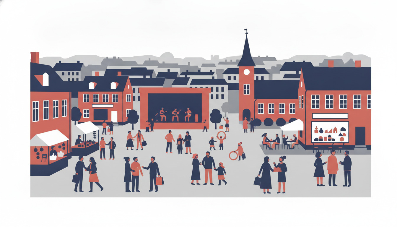 Vibrant byplads i Randers med røde murstensbyggeri, et klokkekårn, markedsstande, scene og mangfoldige byboer, der handler, socialergerer og nyder kulturelle aktiviteter udendørs sammen.
