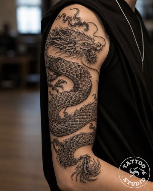 Tattoo Studio 96 Aalborg viser et detaljeret dragon tattoo med bevægelse