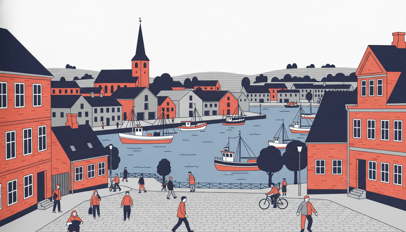 Illustration af Skælskør med Skælskør Kirke, havnen med både, gamle pakhuse og stationen – en karakteristisk vestjysk havneby.