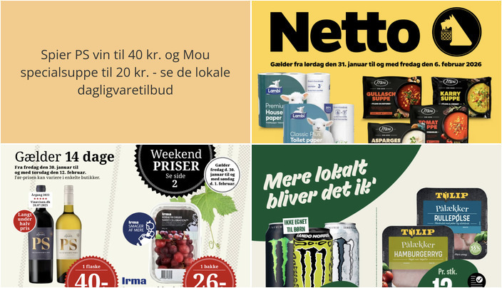 Spier PS vin til 40 kr. og Mou specialsuppe til 20 kr. - se de lokale dagligvaretilbud