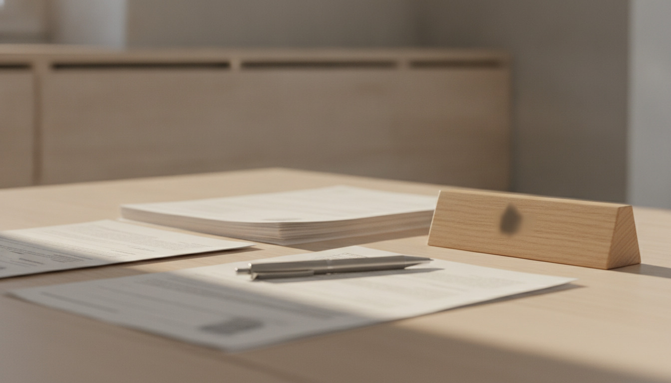 Skrivebord med dokumenter, pen og træ navneskilt i naturligt lys, skandinavisk minimalistisk kontormiljø.
