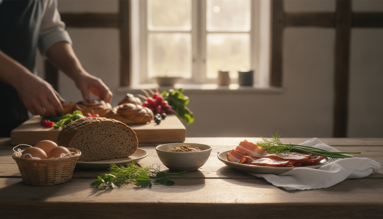 Nærbillede af rugbrød, æg, bacon og friske urter på træbord i morgenlys.