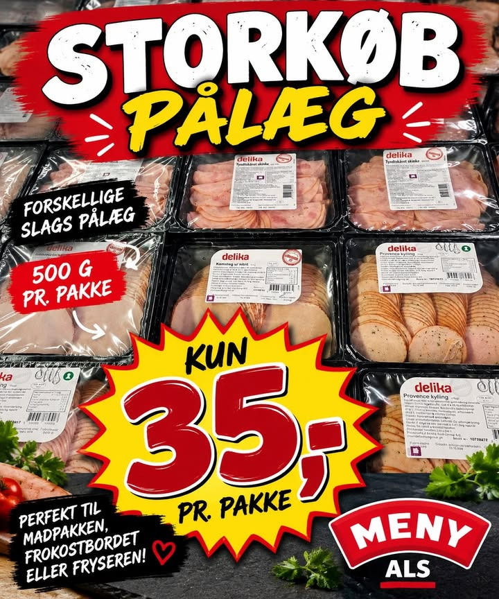 MENY Als tilbyder 500 g pålæg til 35 kr. pr. pakke