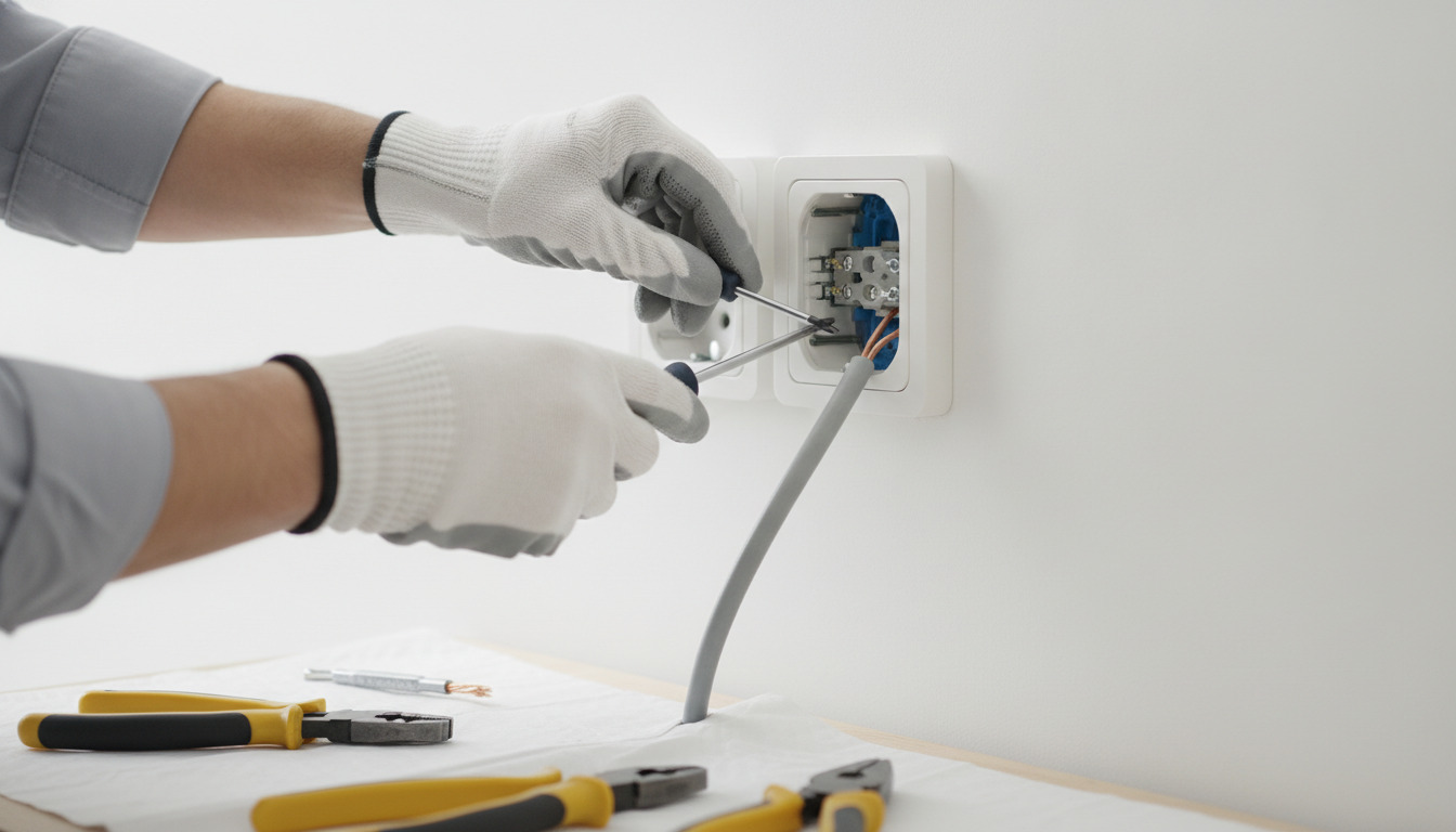 Elektriker med arbejdshandsker installerer hvid stikkontakt i væg. Værktøj og kabler synlige nedenfor.