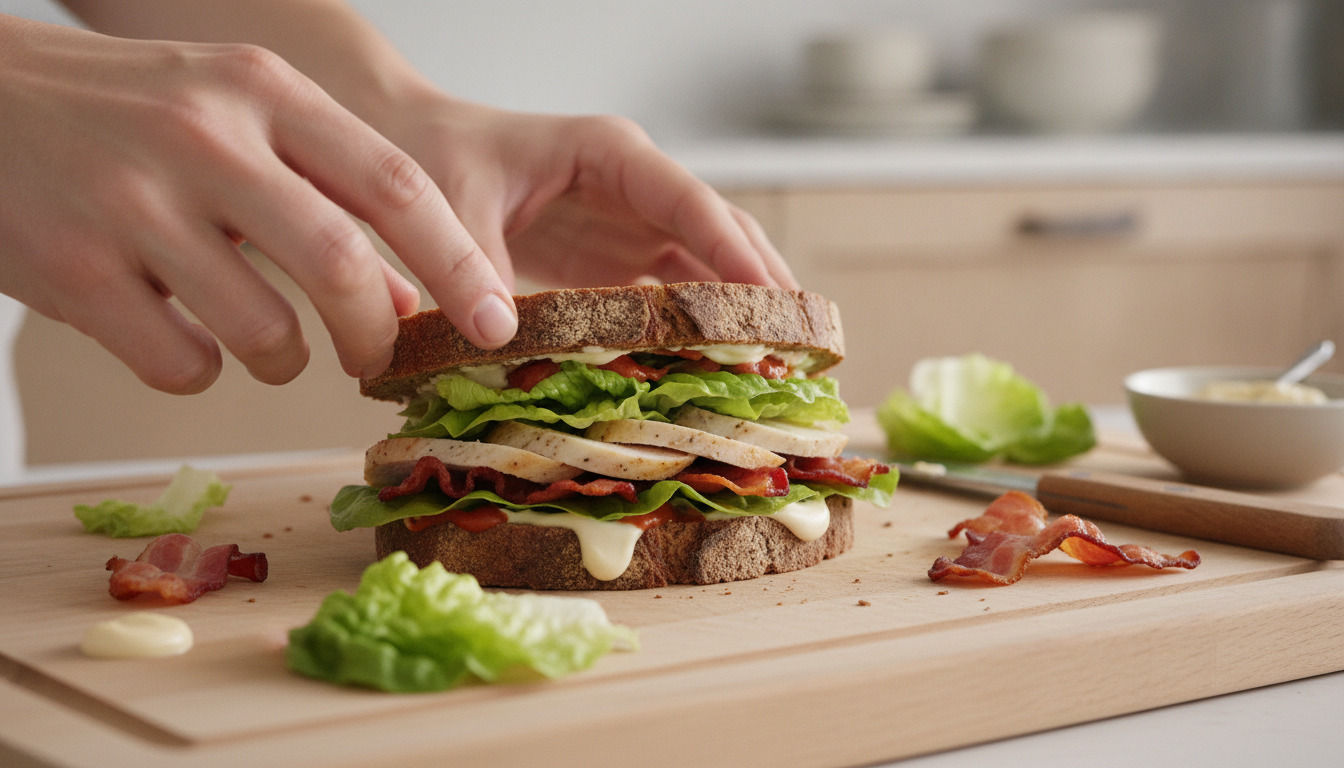 Hænder samler frokostsandwich med salat, bacon og smørrebrød på træbræt.