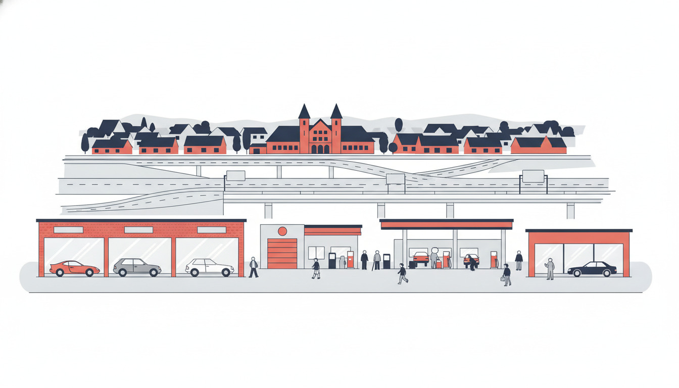 En flad vektorillustration af en travl transportknudepunkt i Ringsted med bilforhandlinger med udstillingsvinuer, en tankstation og det karakteristiske tårnede Ringsted Station blandt boligtagetøj i baggrunden, med større vejinfrastruktur.
