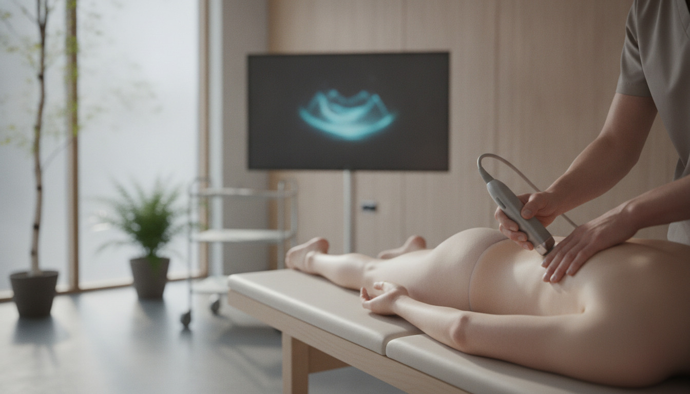 Læger's hænder udfører en diagnostisk undersøgelse af patientens ryg med et håndholdt instrument under klinisk lys.