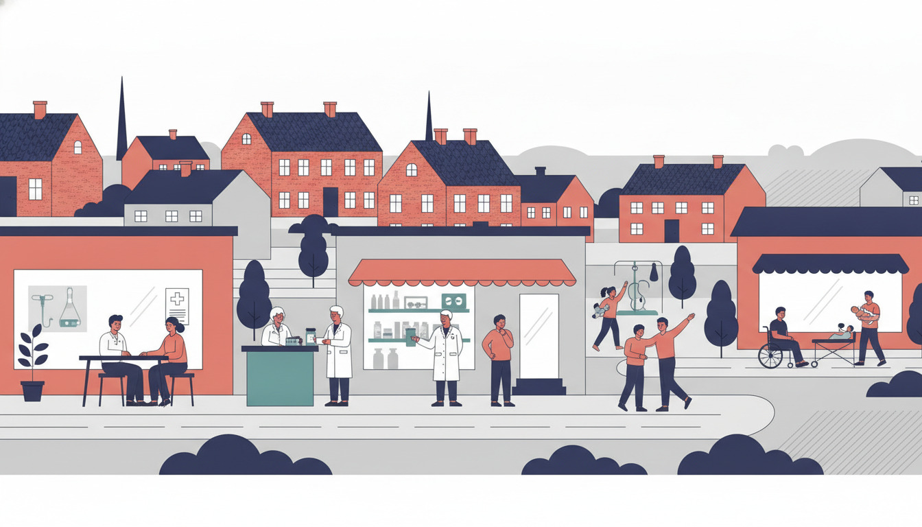 Lyst fladt vektorillustration af dansk sundhedsvæsen i Hadsund med sundhedsfaglige personer (praktiserende læge, farmaceut, fysioterapeut) som arbejder i klinikker på gadeniveau, baggrund af røde murstensboligbygninger med mørke tage og karakteristiske skorstene.