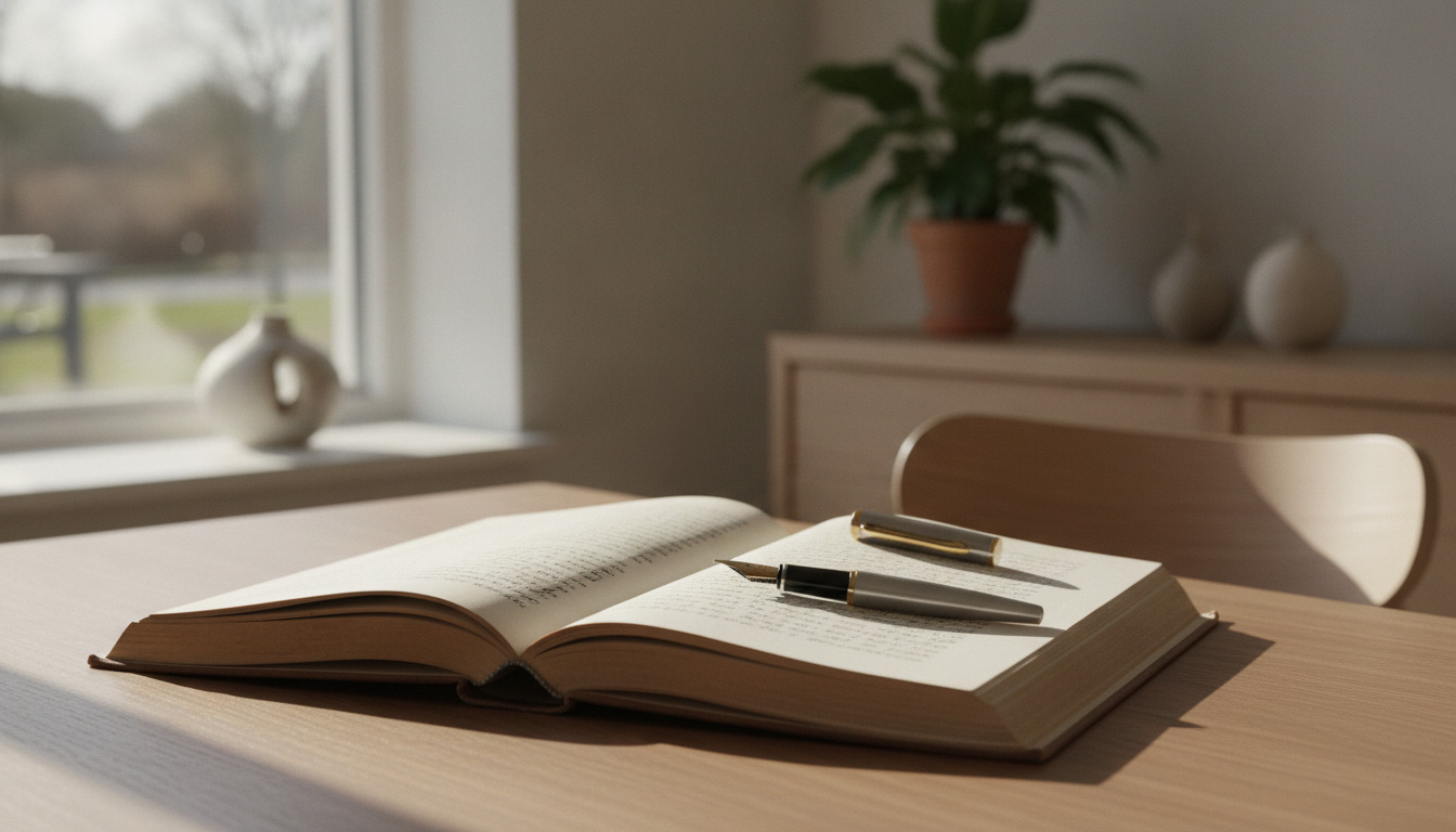 Åbent notesbog med fountain pen på træbord ved vindue med naturligt lys, minimalistisk skandinavisk studie.