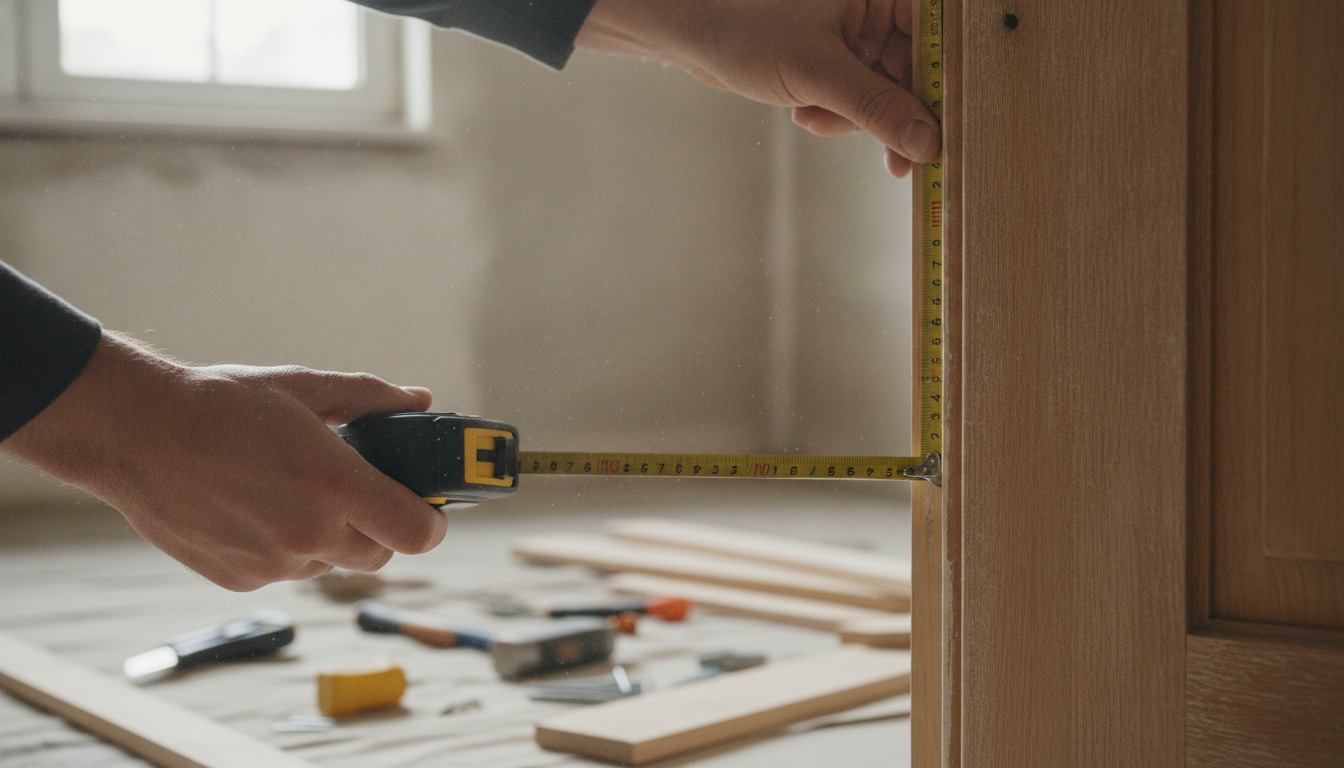 Håndværker måler med målebånd mod træ-dørkarm under renovering, naturligt lys, værktøj i baggrund.