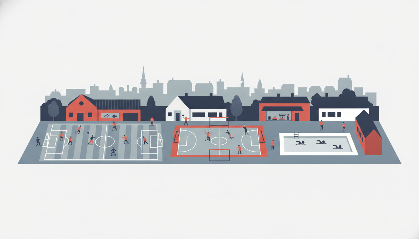 Fladvektor-illustration af Fredericias sportkultur: fodboldbane, håndboldkort og svømmebassin med aktive spillere og svømmere, understøttet af byens karakteristiske taglinjesiluet.