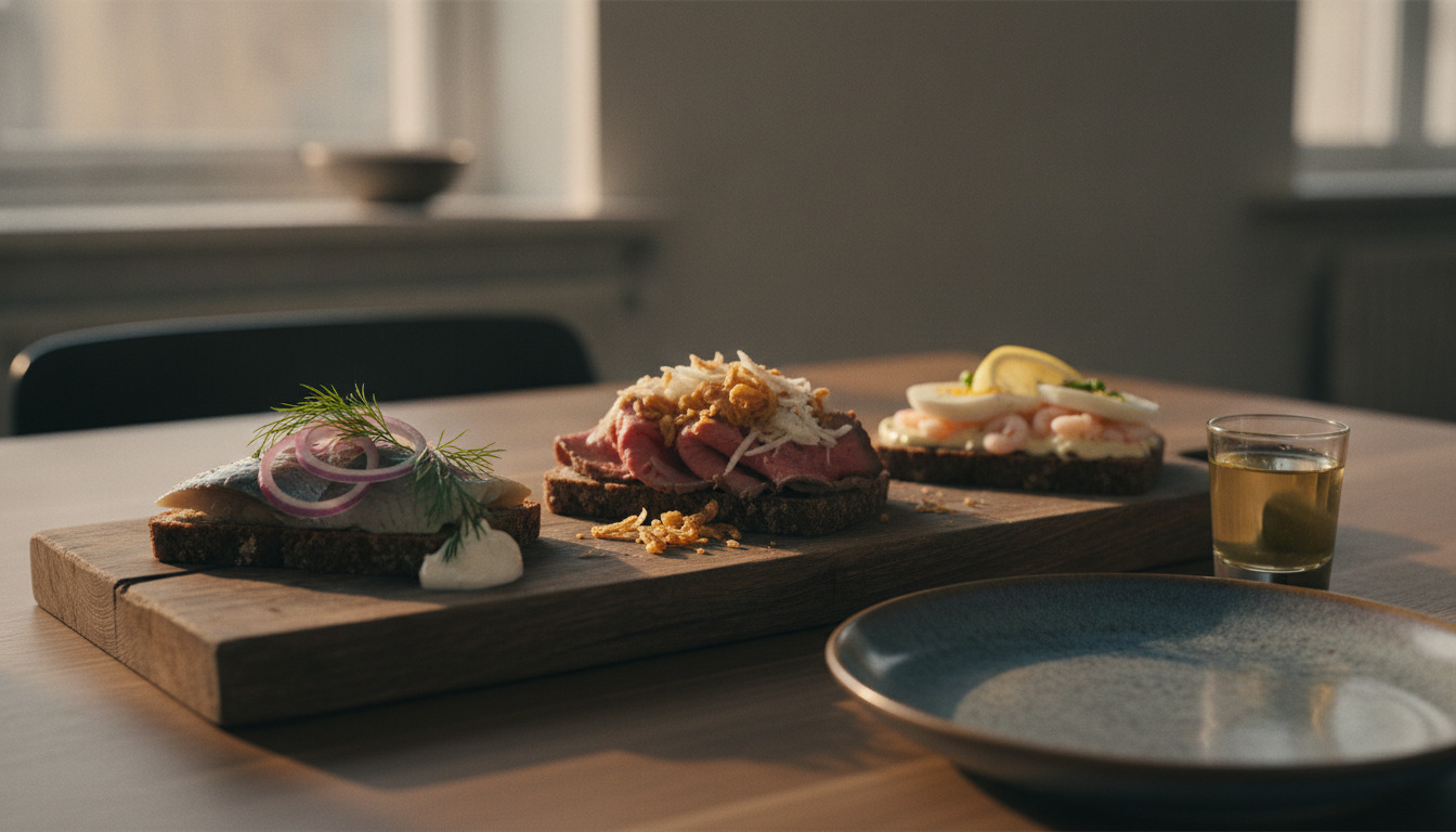 Tre danske smørrebrød på mørkt rugbrød med sild, roastbeef og klassiske topping på træbræt med glas akvavit.