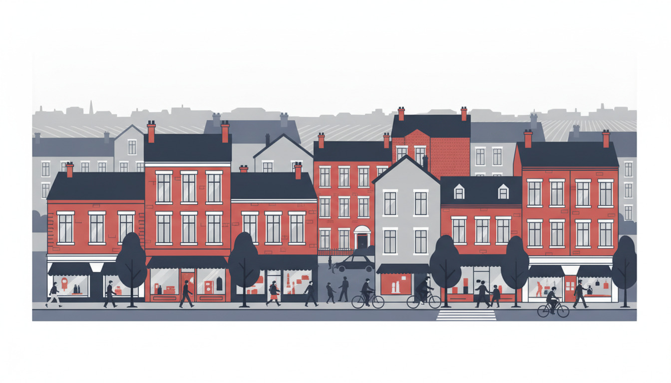 Charmerende Frederiksberg-gade med elegante, flere etagers røde tegl- og gråsten-lejlighedsbygninger, store vinduer, butikker i stueetagen, træer og fodgængere med cykler på en træbeplantet boliggade.