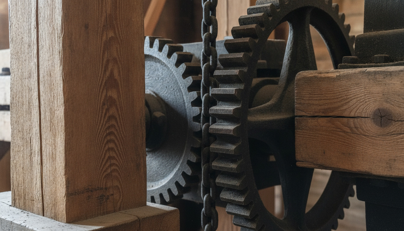 Detaljebillede af træstænger, metalhjul og jernkæde i svag nordisk dagslysskygge.