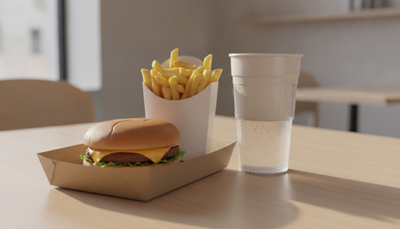 Generisk fastfood-måltid med burger, pommes frites og drikke på bord i dagslys.
