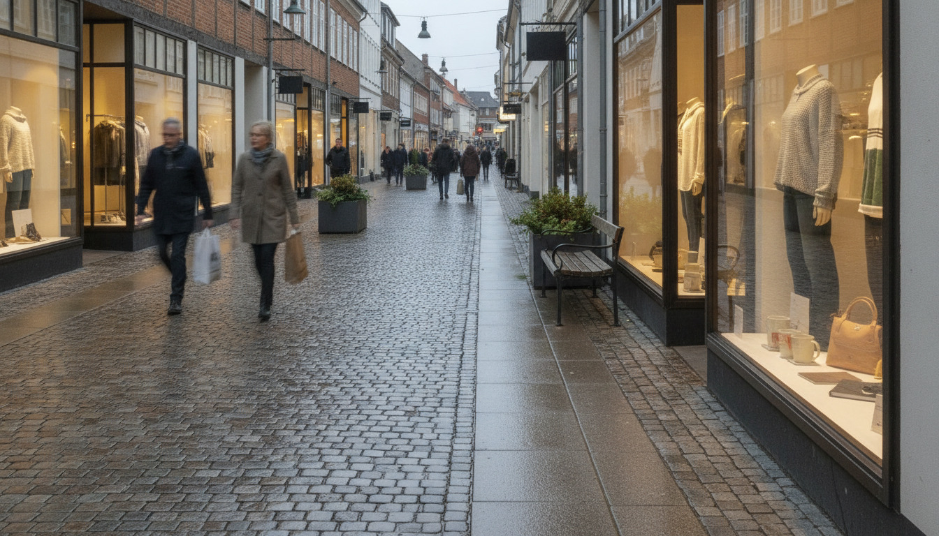 Luksusboutikkers gågade med våde stenbelægninger, oplyst butikker og ukendelige bypassanter.
