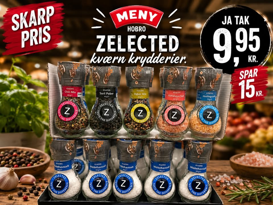 MENY Hobro sælger Zelected kværnkrydderier til 9,95 kr. pr. stk.