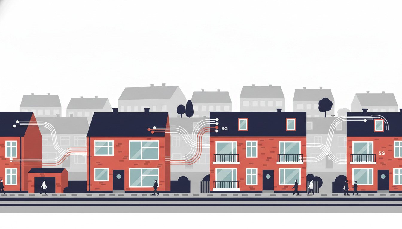 Fladvektor-illustration af en boligvej i Sønderborg med røde mursten-rækkehuse og grå tag, forbundet af strømmende hvide og koralrøde digitale netlinjer, der repræsenterer fiber optik og 5G-infrastruktur.