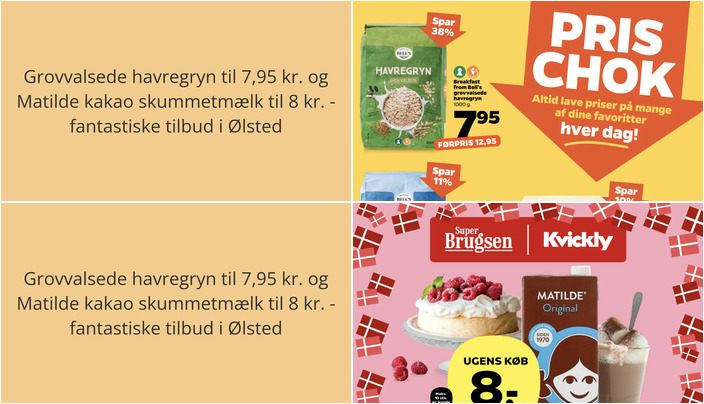 Grovvalsede havregryn til 7,95 kr. og Matilde kakao skummetmælk til 8 kr. - fantastiske tilbud i Ølsted