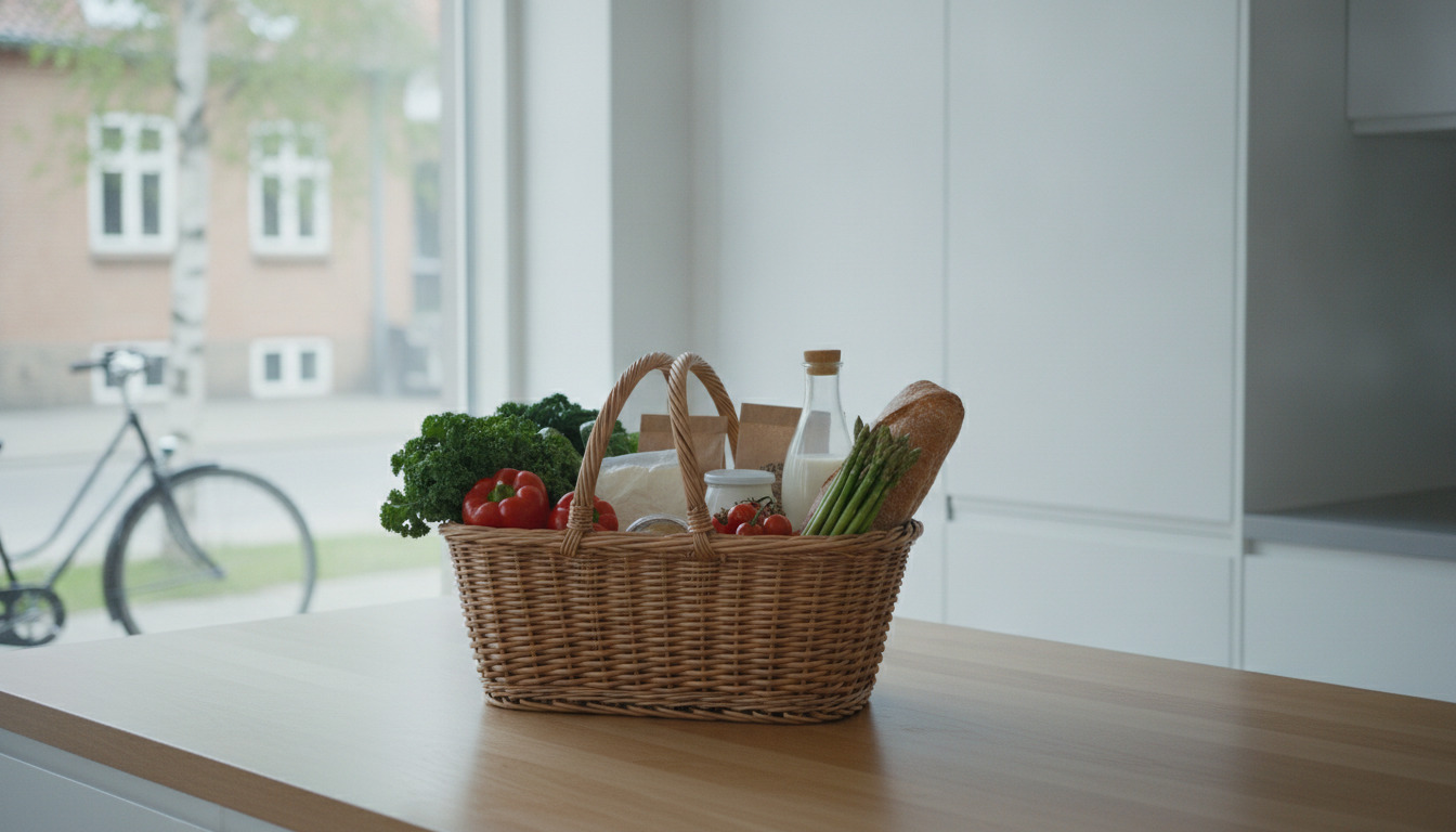 En kurv fyldt med friske grøntsager, brød, mælk og dagligvarer på et køkkenbord med naturligt lys.