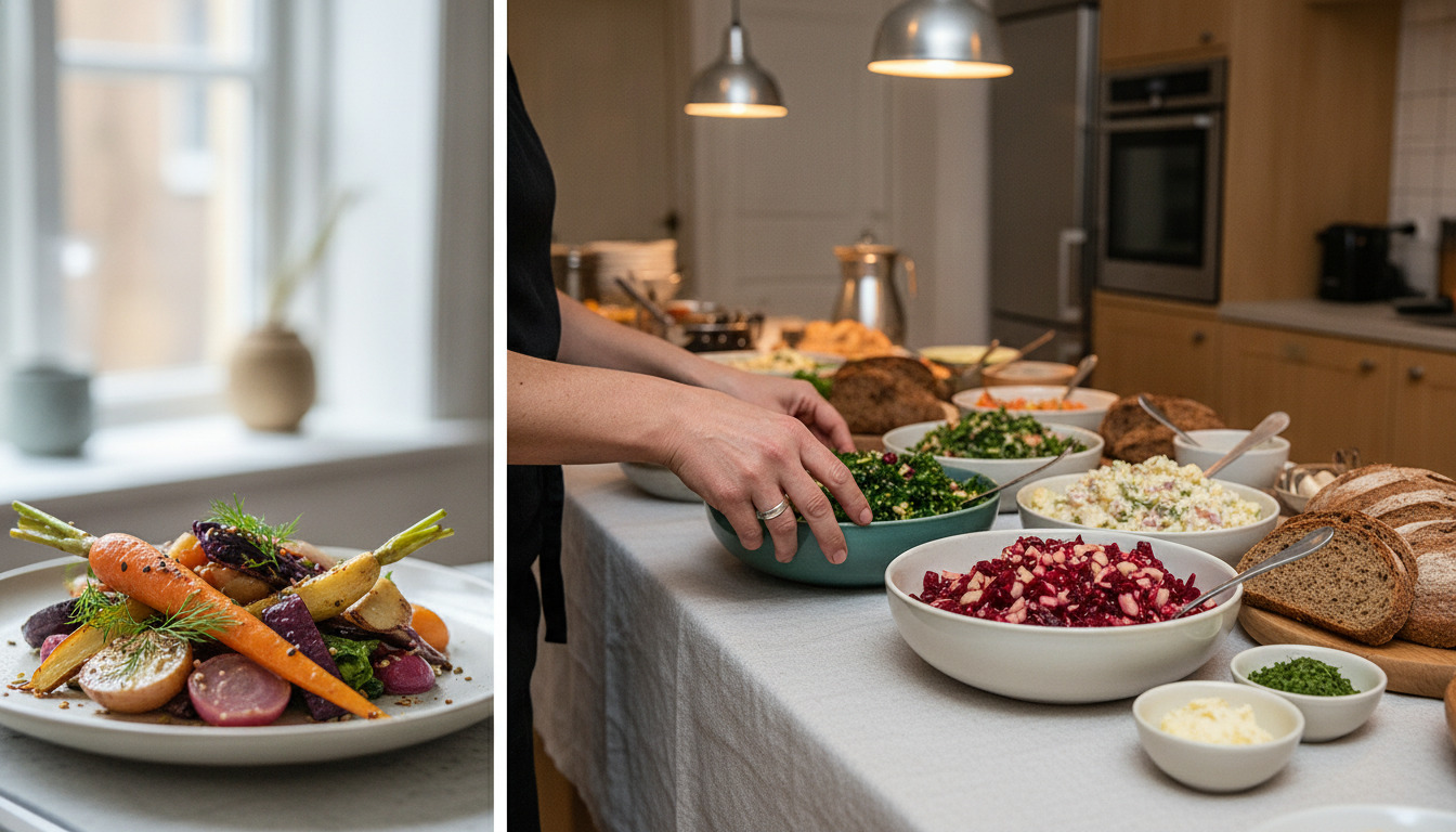 Hånd arrangerer færdige retter på hvidt bord; tæt optagelse af elegantly anrettet ret med grøntsager i blidt lys.