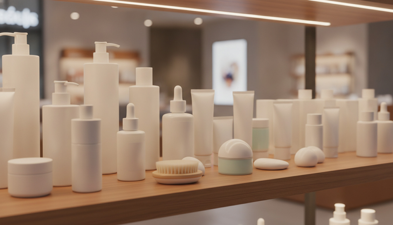 Skønheds- og pleje-produkter på hylder – flasker, krukker og kosmetik i varmt detaillys.
