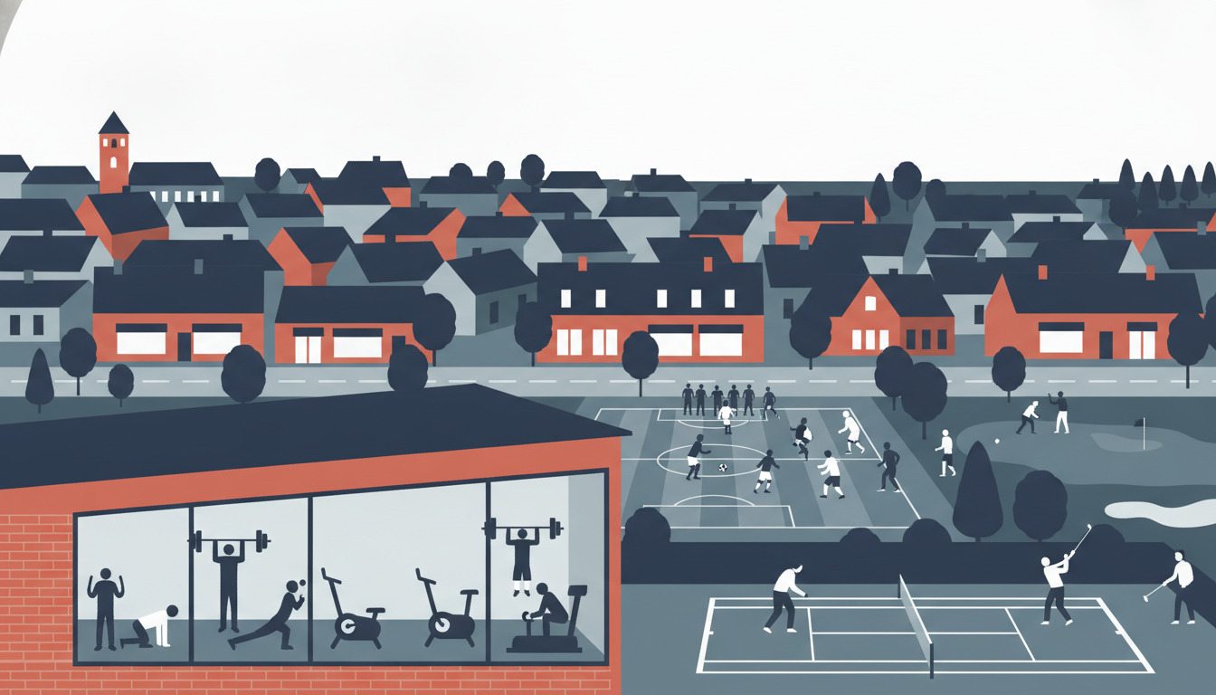 Livlig fitness- og sportscene i Sønderborg: træningsudøvere dyrker motion indendørs bag store ruder, tennisspillere på baner, fodboldspillere på en bane og golfere, inrammet af danske bytagtage med et rødstens kirketårn.