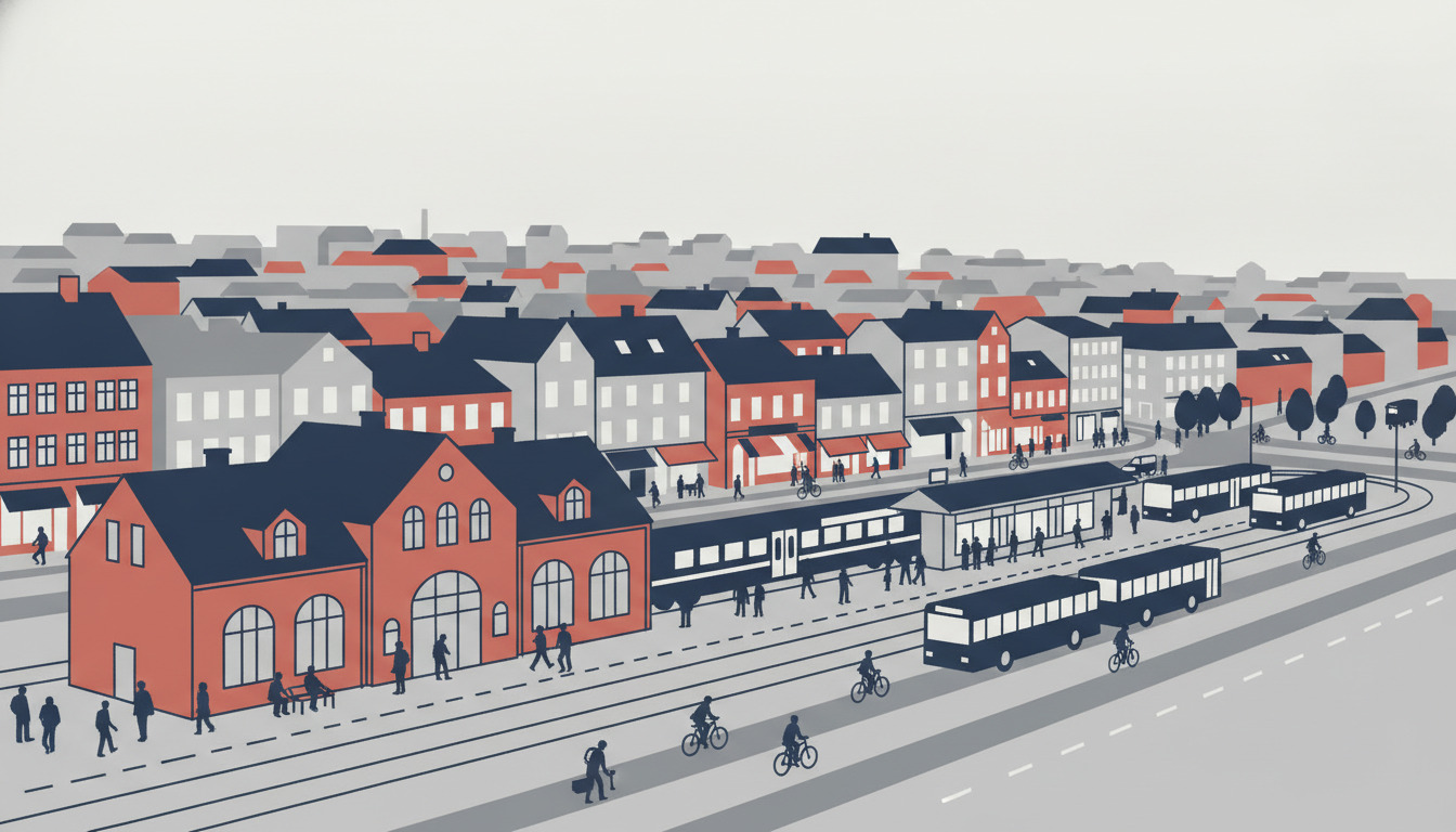 Fladvektor-illustration af Skjern bycentrum med rødt murstensbanegård, perron med passagerer, tog på spor, busterminal med busser, cyklister på stier og grå/røde/mørkblå tage, der falder tilbage i baggrunden.