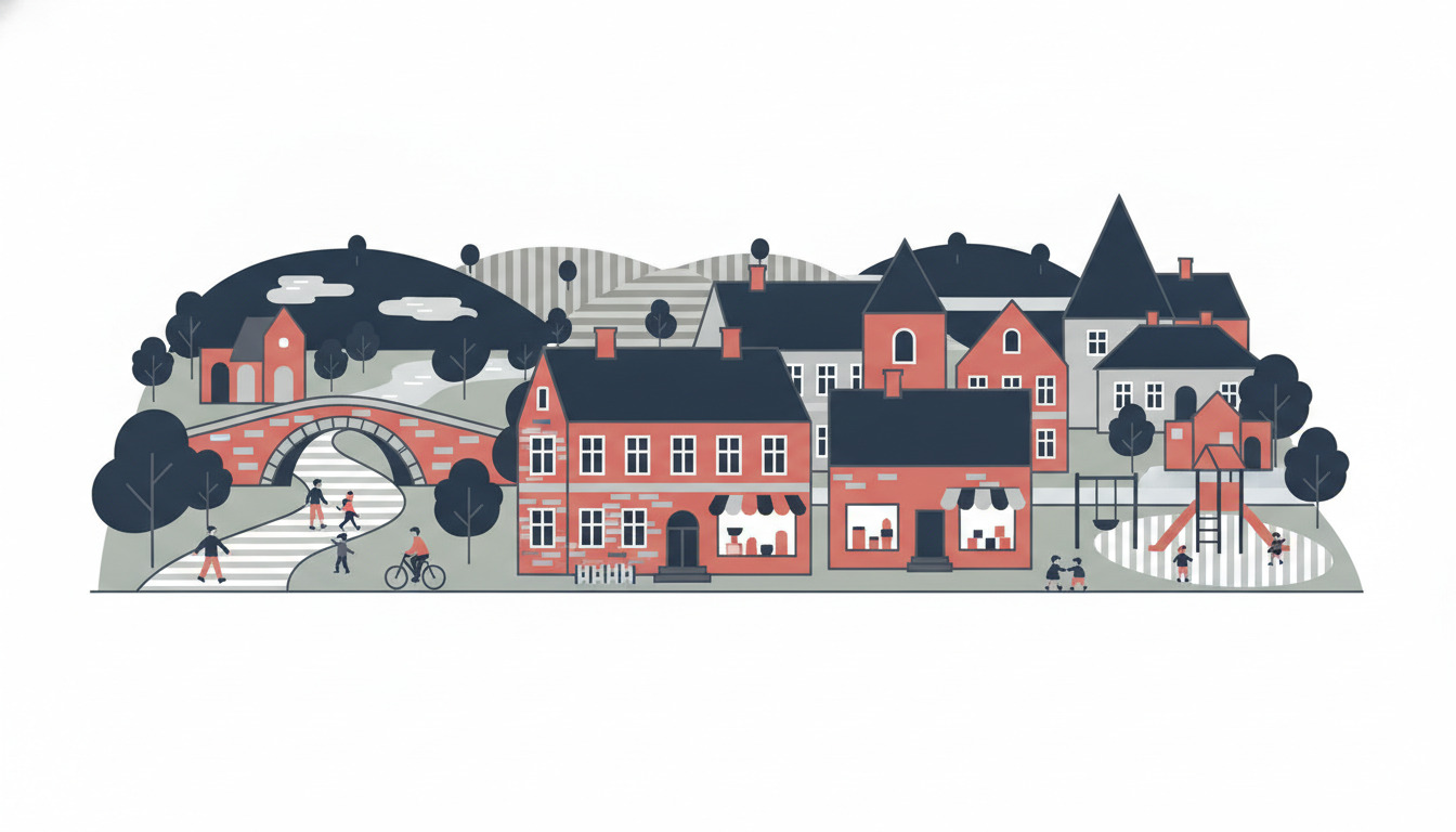Stiliseret illustration af byen Brædstrup med en historisk hvælvet stenbro, røde mursten bygninger med tårne, frodig mørk vegetation, bakket landskab og besøgende, der nyder stier, cykling og legepladsområder i et idyllisk landskab.