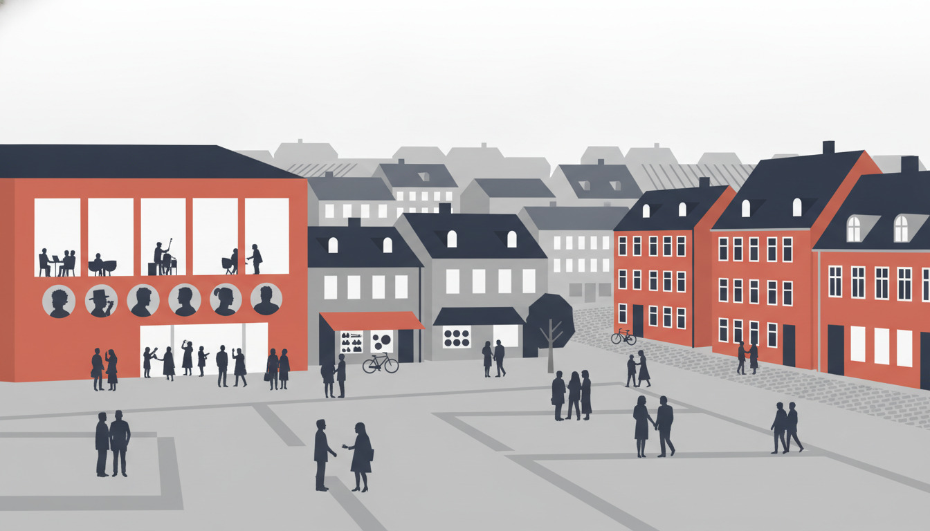 En stiliseret flade-vektorScene af et dansk torv med røde mursten-bygninger, historiske grå facader, en plads med silhuetter af mennesker, portrætter udstillet på en fremtrædende rødt byggeri, og borgere der samles på et levende fællesskabsrum.